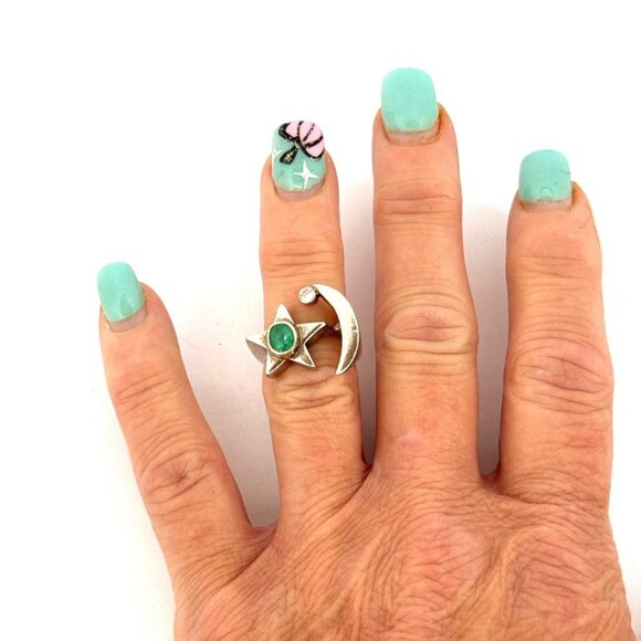 Sterling Silver Moon & Star Ring w/ Emerald & CZ Unique Celestial Statement - Picture 6 of 10